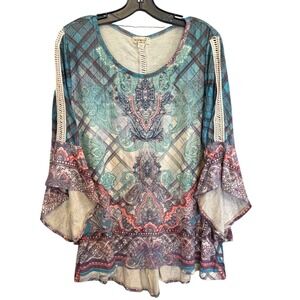 Boho Peasant Hippie One World Bell Sleeve Paisley Plaid Crochet Lace Womens 1X